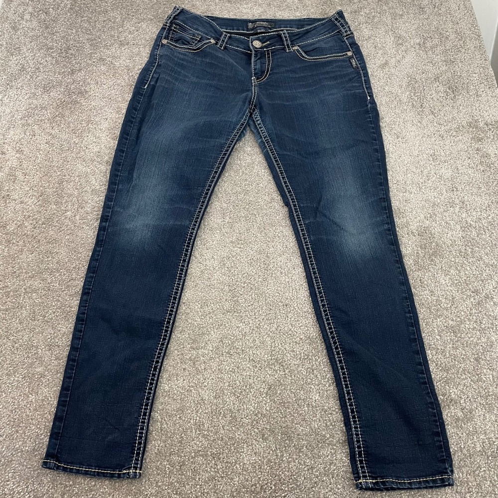 Silver Jeans Womens 34x31 Suki Mid Skinny Y2K Dark Wash Stitch (Tag 32x31)